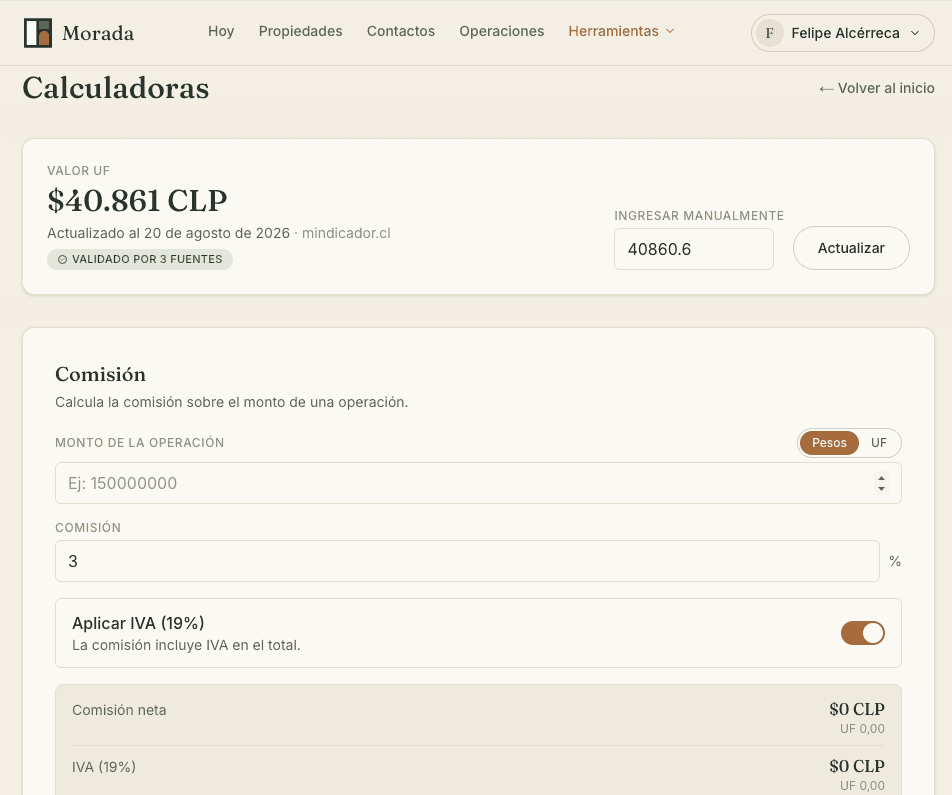 Calculadoras de Morada: UF, dividendo, comisión e inversión