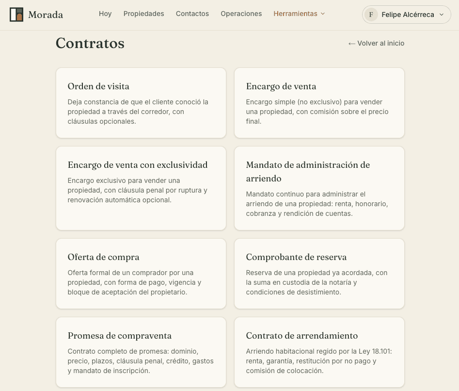 Generador de contratos de Morada, con los datos de la propiedad ya cargados