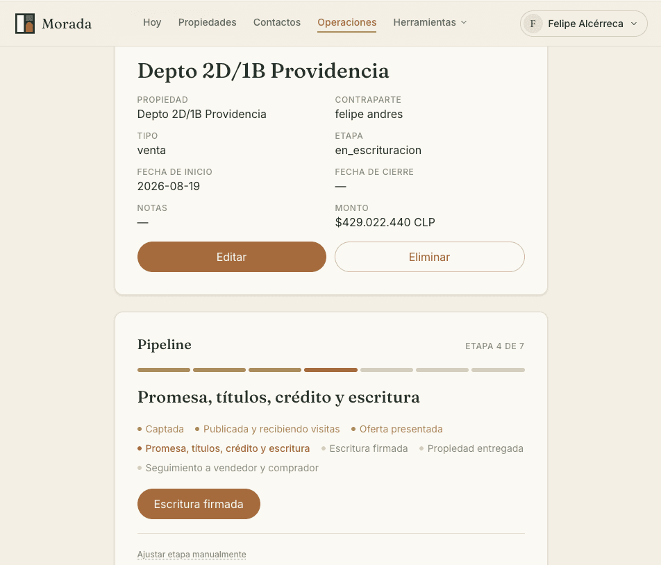Pipeline de operaciones de Morada mostrando el avance de un negocio